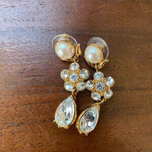 Monet Style Rhinestone and Faux Pearl Gold Tone Dangle Earrings